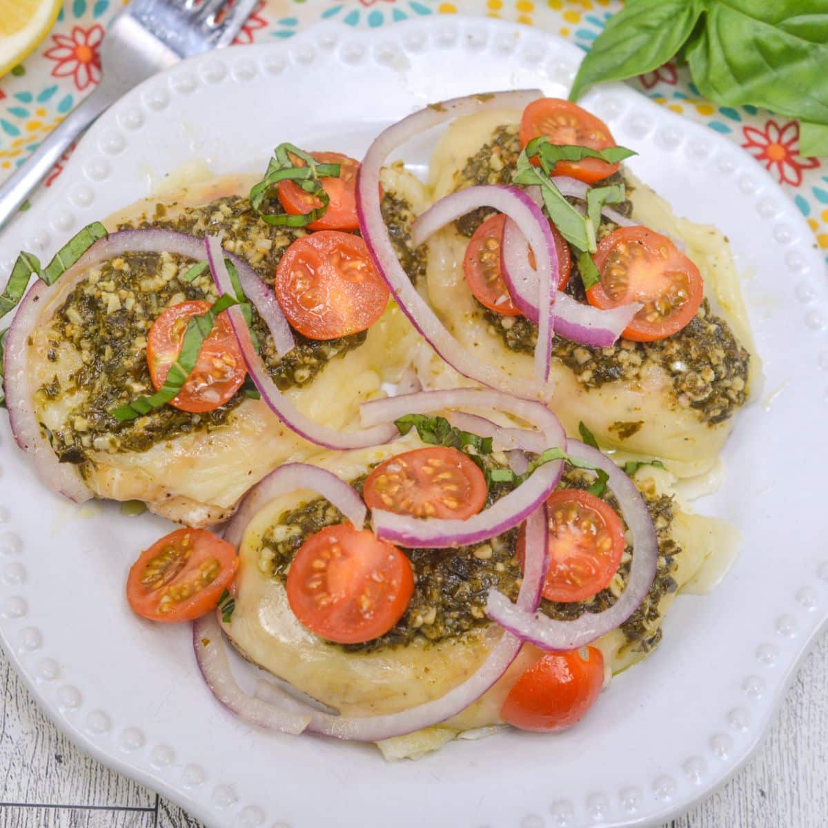 Pesto Bruschetta Chicken on plate