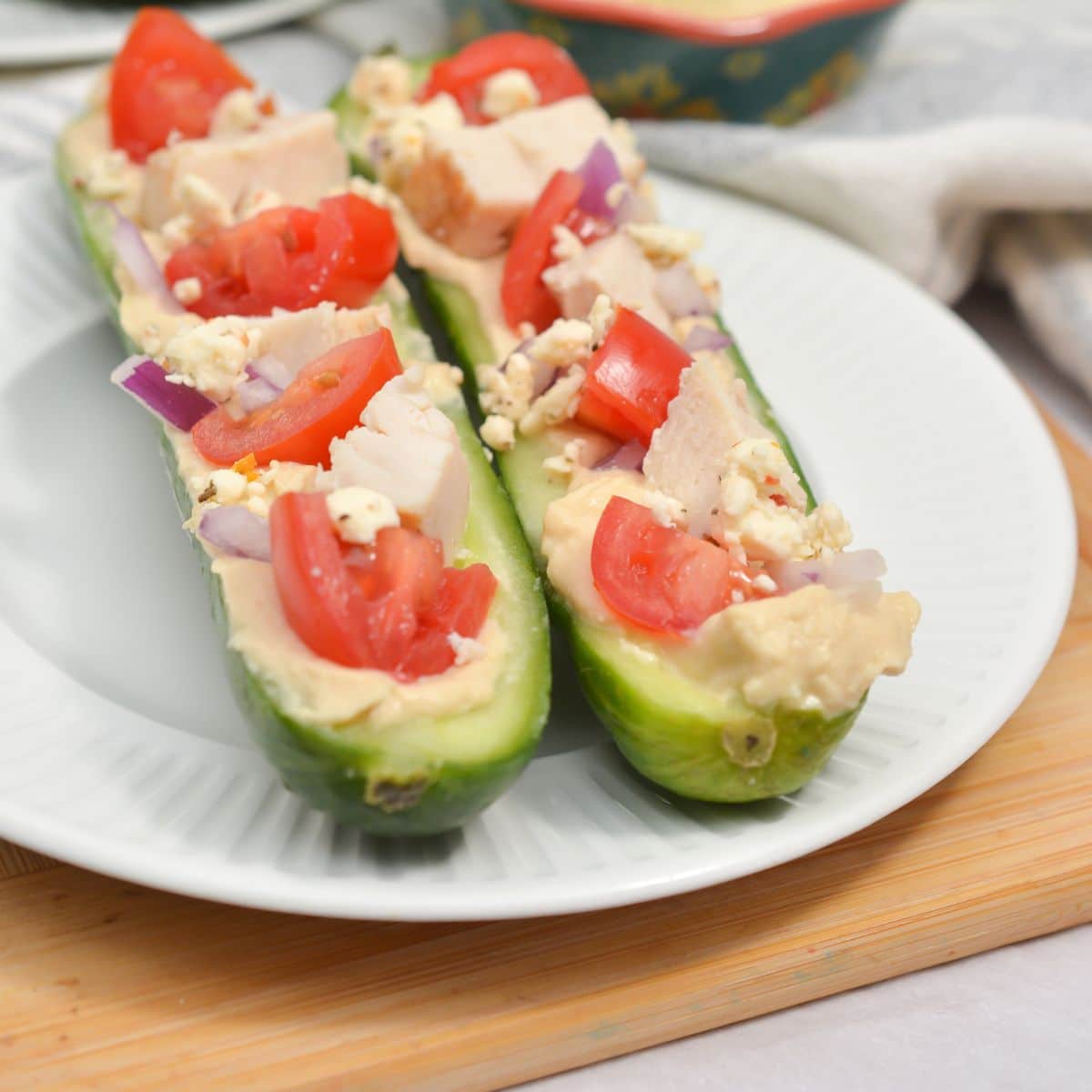 Stuffed Cucumber Boats on a plate