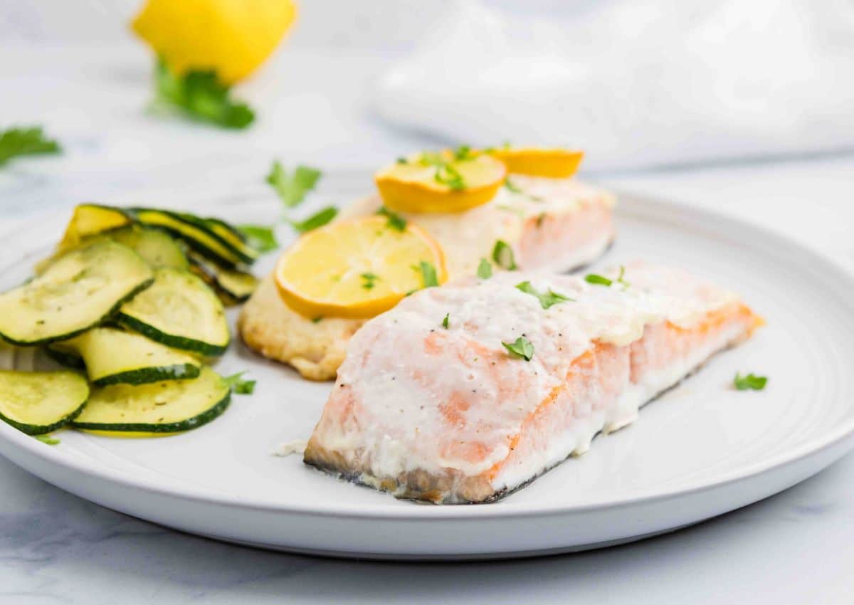 Baked Salmon with Mayonnaise on a plate