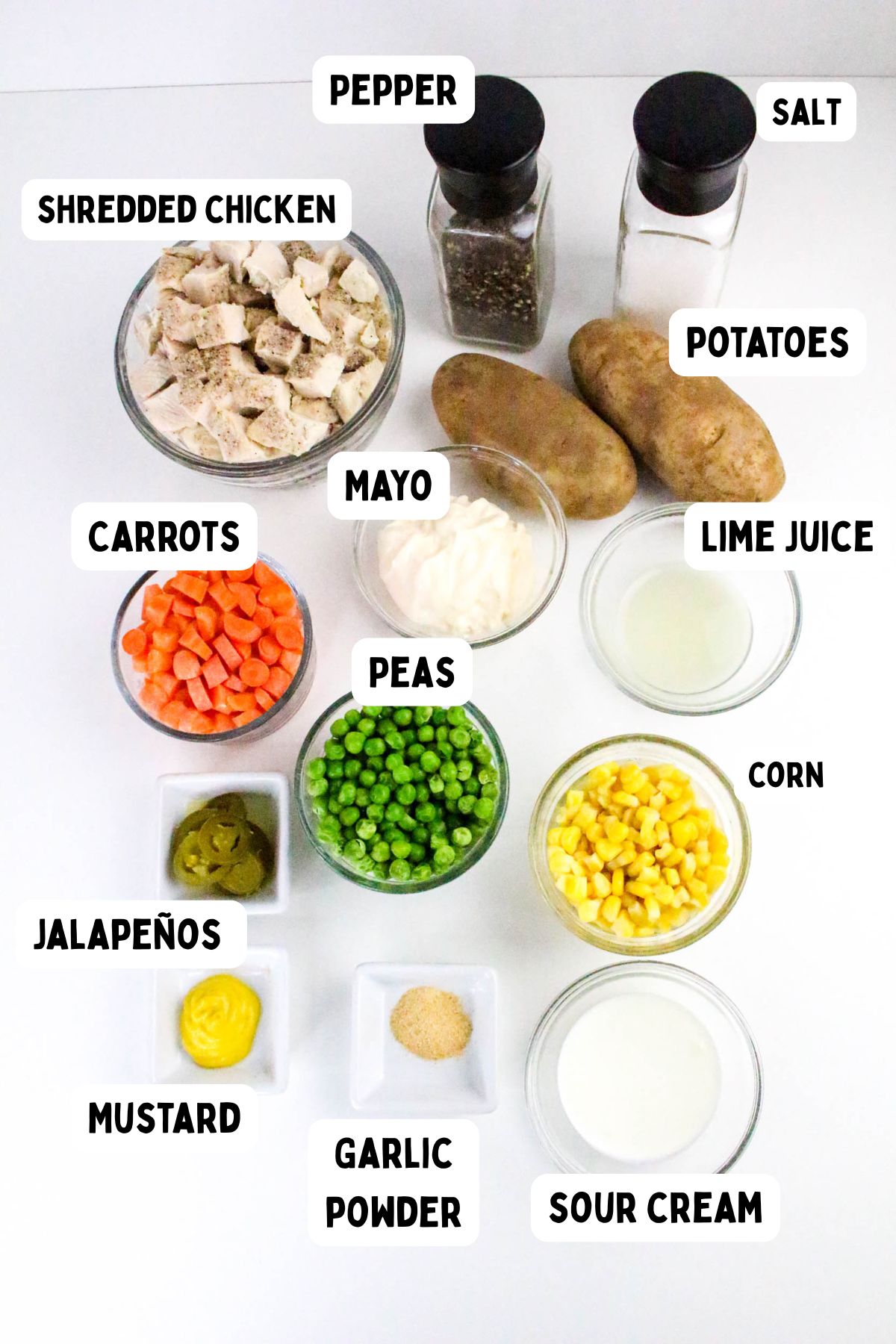 A top view of labeled ingredients for a dish, including shredded chicken, diced potatoes, carrots, peas, corn, mayo, lime juice, jalapeños, mustard, garlic powder, sour cream, salt, and pepper on a white background.