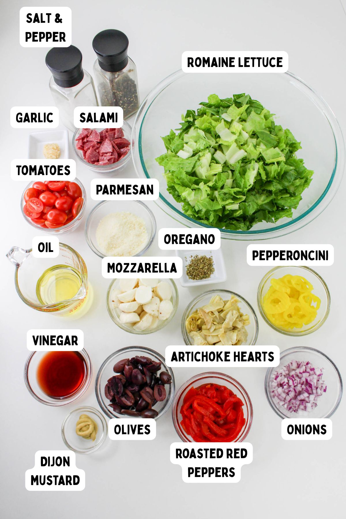 A glass bowl with chopped Romaine lettuce is surrounded by small bowls of various salad ingredients, each labeled: garlic, tomatoes, oil, vinegar, Dijon mustard, salami, parmesan, mozzarella, oregano, olives, artichoke hearts, roasted red peppers, pepperoncini, onions, salt, and pepper.