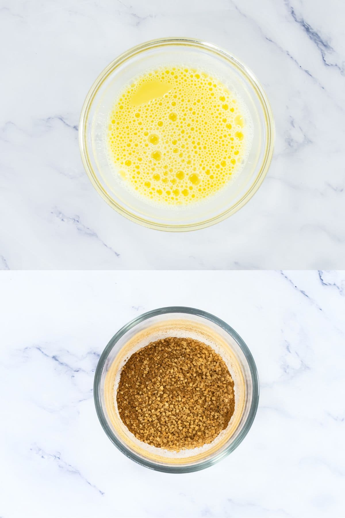The image shows two glass bowls on a marble surface. The top bowl contains a yellow, foamy liquid, while the bottom bowl holds a mixture of crushed brown crumbs.