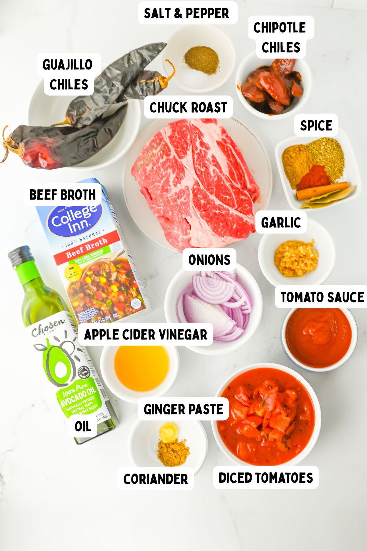 A flat lay of labeled ingredients on a white background, including guajillo chiles, chipotle chiles, chuck roast, salt and pepper, spices, garlic, beef broth, onions, tomato sauce, diced tomatoes, apple cider vinegar, oil, ginger paste, and coriander.