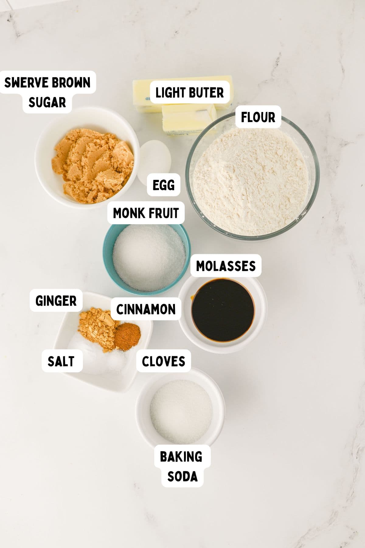Nine labeled baking ingredients on a white surface: swerve brown sugar, light butter, flour, egg, monk fruit, molasses, cinnamon, ginger, salt, cloves, baking soda. Each ingredient is in a separate bowl or plate.