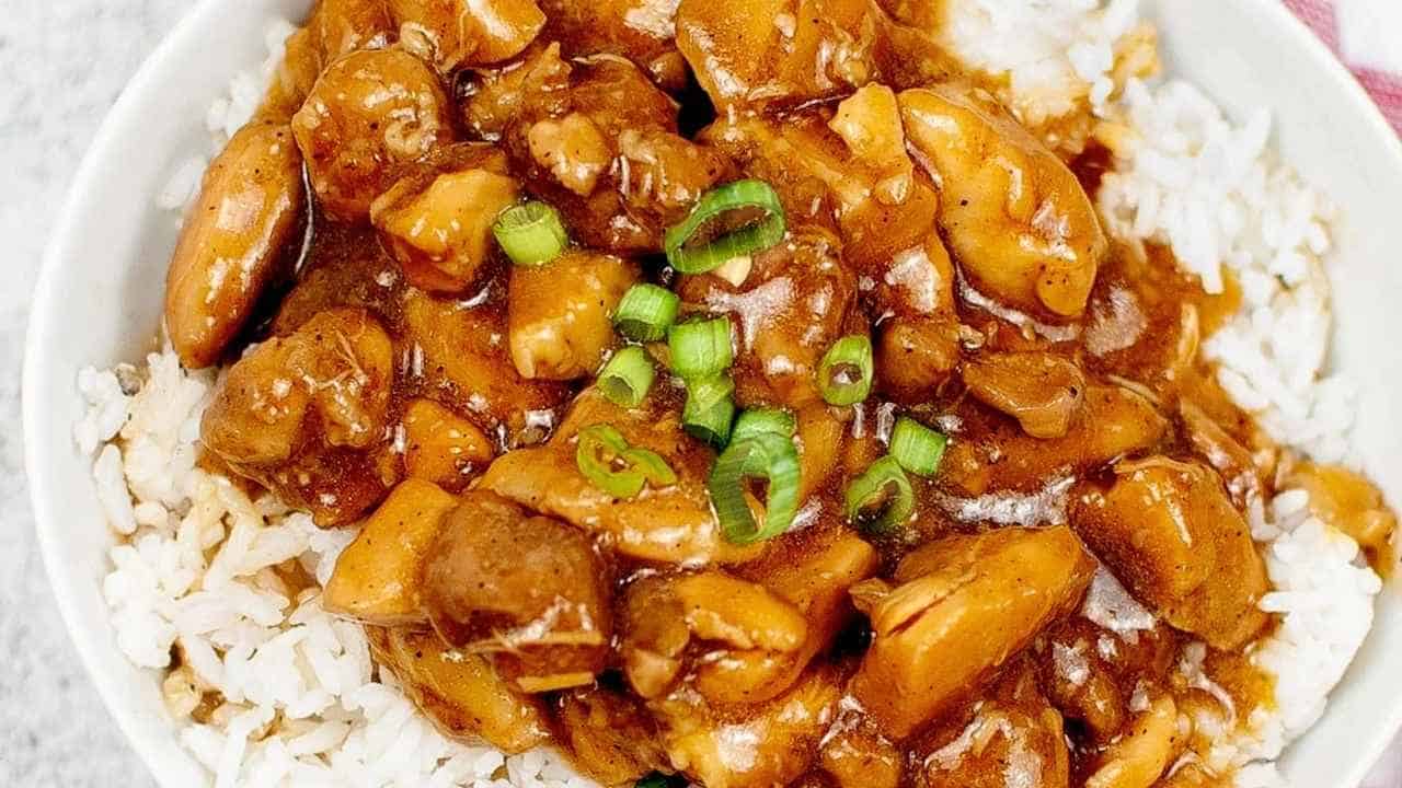 A bowl of white rice topped with brown, saucy chicken and mushroom stew, garnished with chopped green onions.