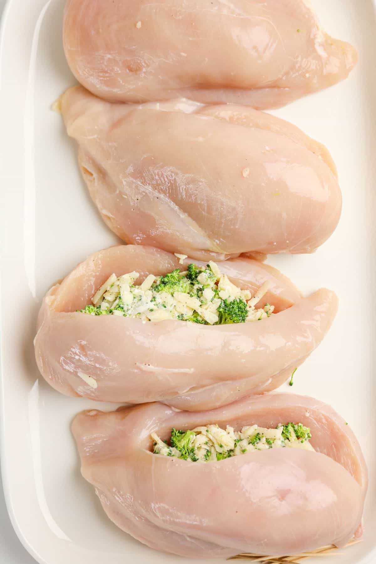 Four raw chicken breasts are arranged on a white tray, with two of them sliced open and filled with a flavorful chicken and broccoli stuffed chicken mixture topped with shredded cheese.