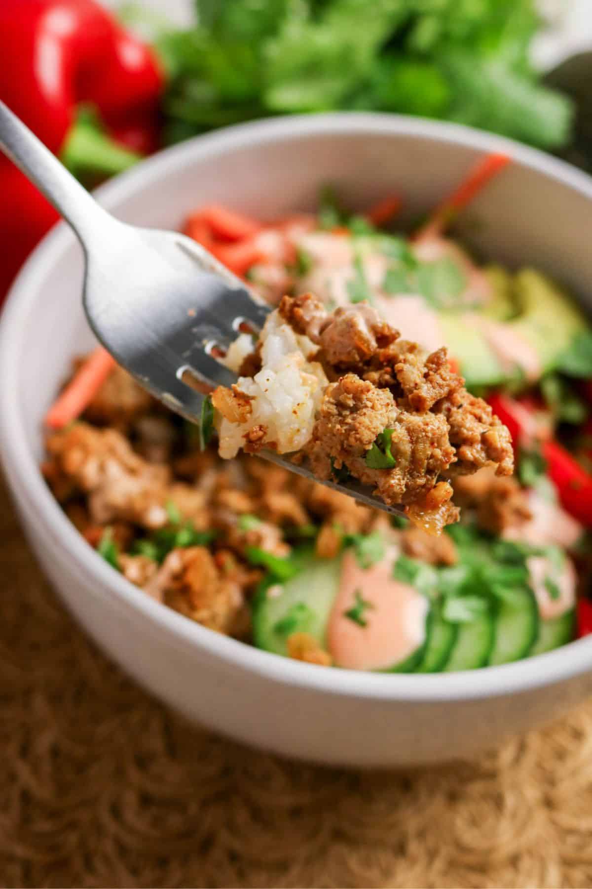 A close-up of a fork holding a bite of ground meat and rice above a bowl filled with sliced cucumber, carrots, greens, and sauce. The bowl is on a textured surface with vegetables in the background.